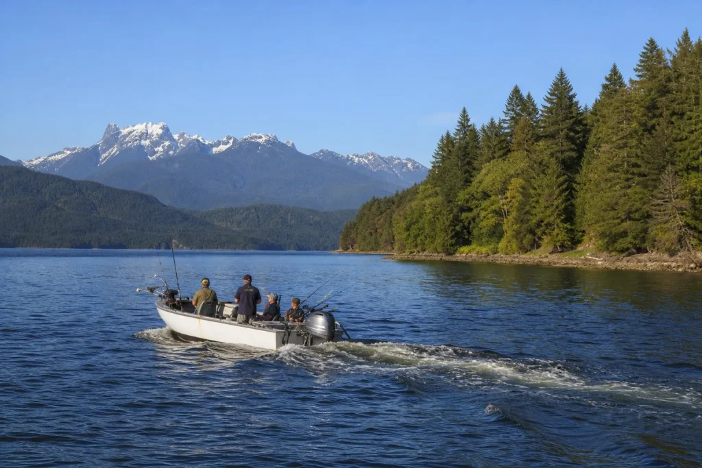 Fishing charter boat traveling through Discovery Passage near Campbell River