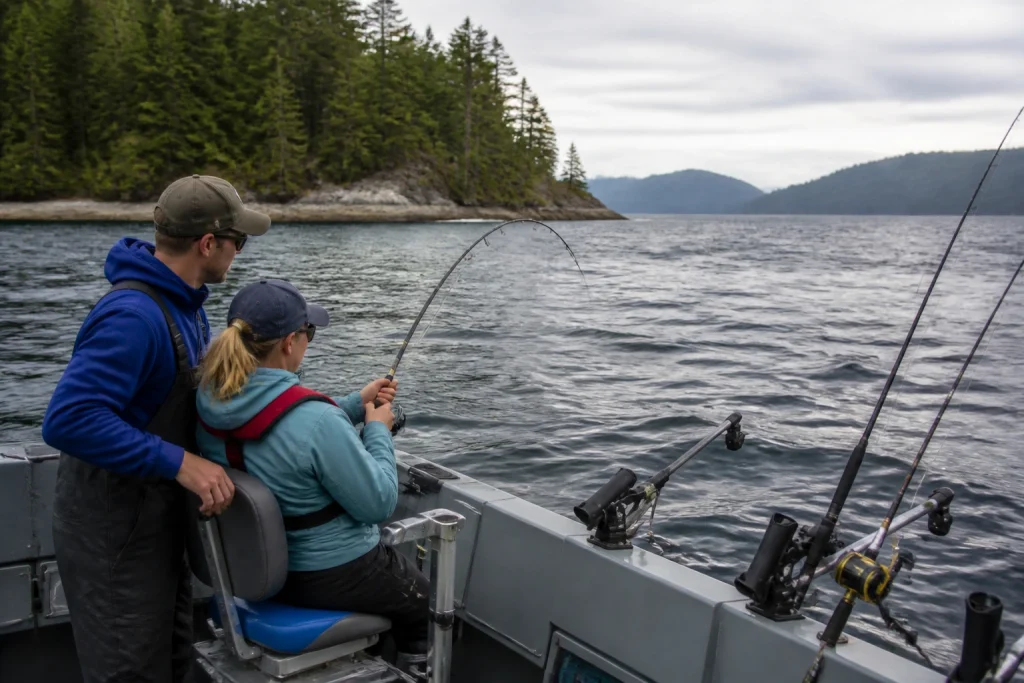 Anglers trolling for salmon from a charter boat near Campbell River