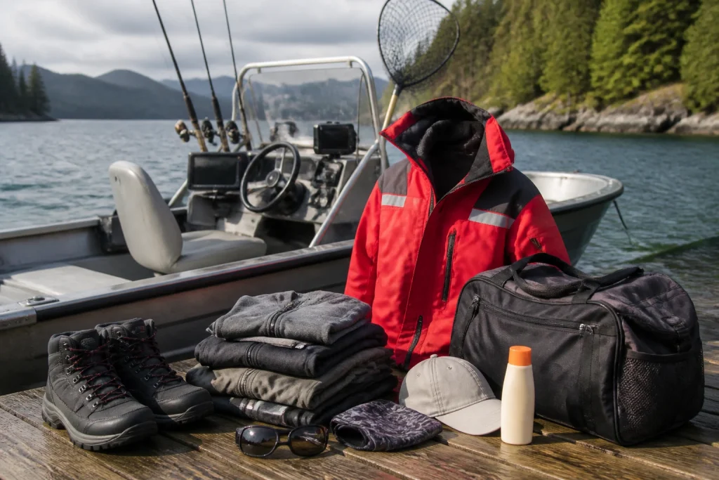 Waterproof clothing and personal gear packed for a Campbell River fishing charter