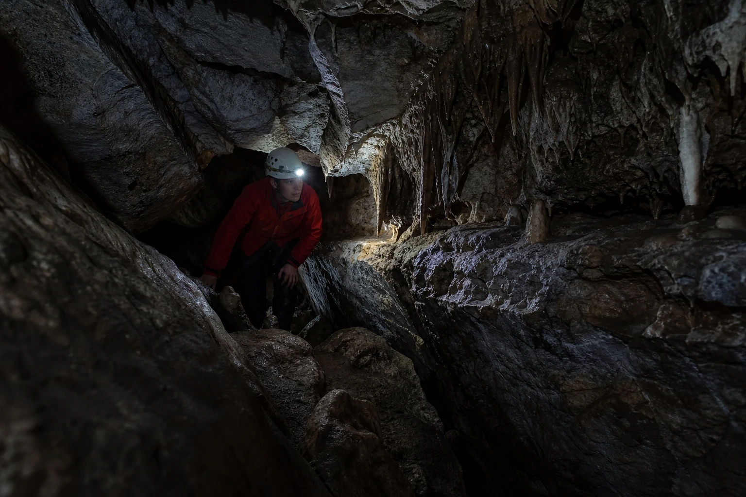 Helmeted visitor exploring a rugged passage inside Horne Lake Caves