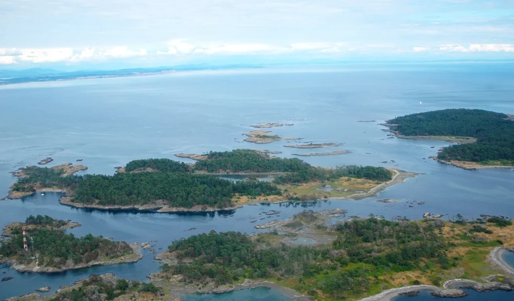 Aerial view of Chatham Island and surrounding Salish Sea islets